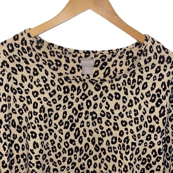 Chico's Womens Tan Black Animal Print 3/4 Sleeve Cotton Blend Top Size 2 NWOT - Picture 2 of 7